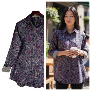 Ralph Lauren Chaps Shirt Top Blouse Sz 2X 18 20 Paisley Flip Cuff Purple Black